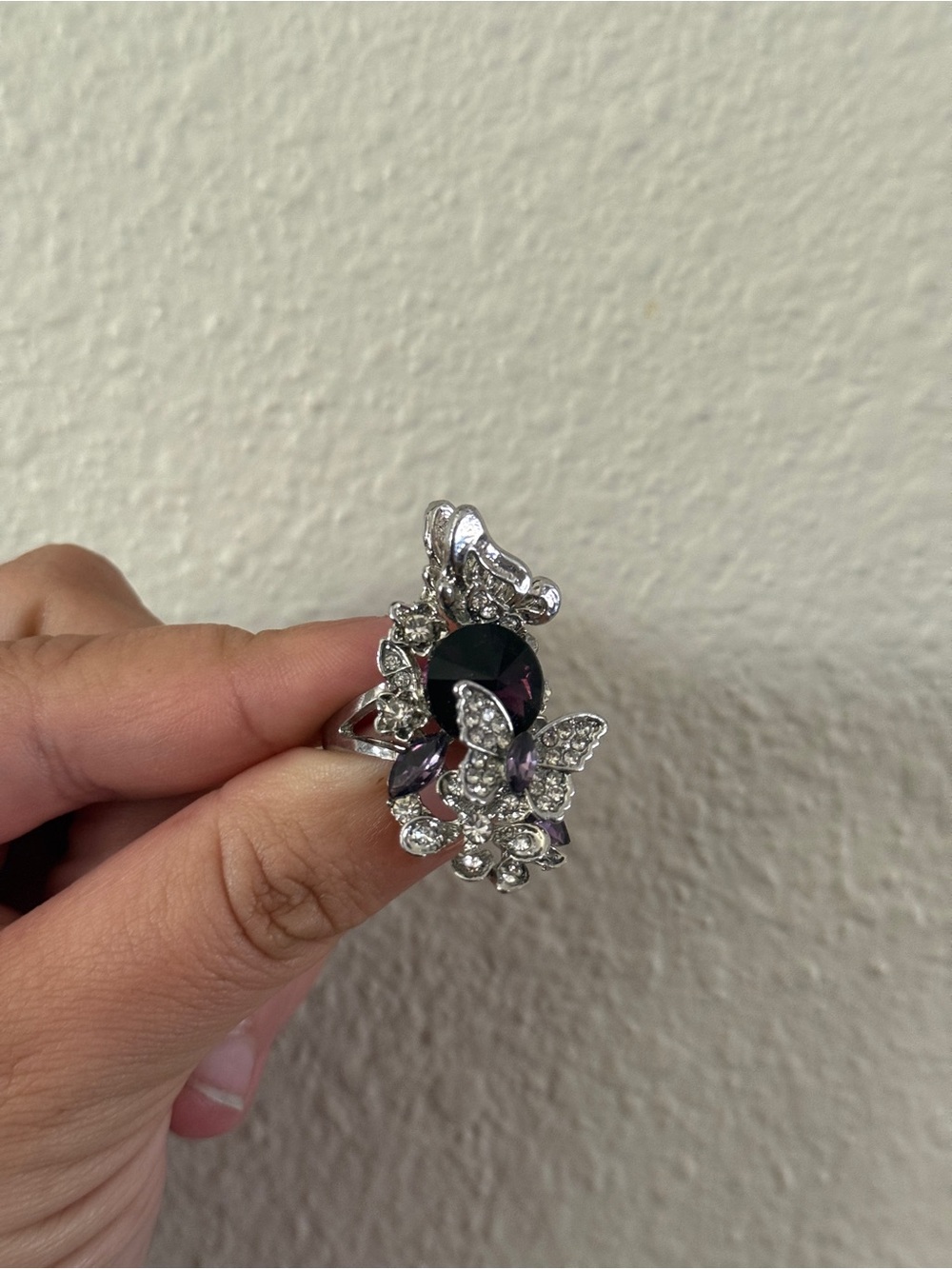 925 Silver Ring with Dark Purple Stone and Crystal Butterflies
